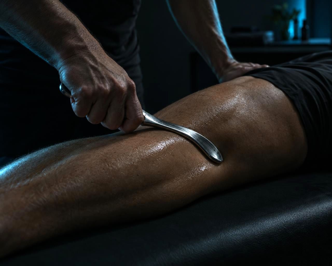 A steel scraping tool working along a hamstring